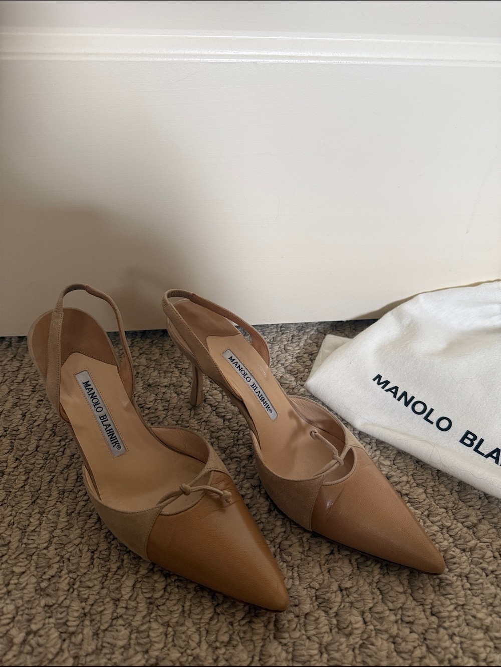 Manolo Blahnik Tan Pointed-Toe Slingback Heels with Knot Detail